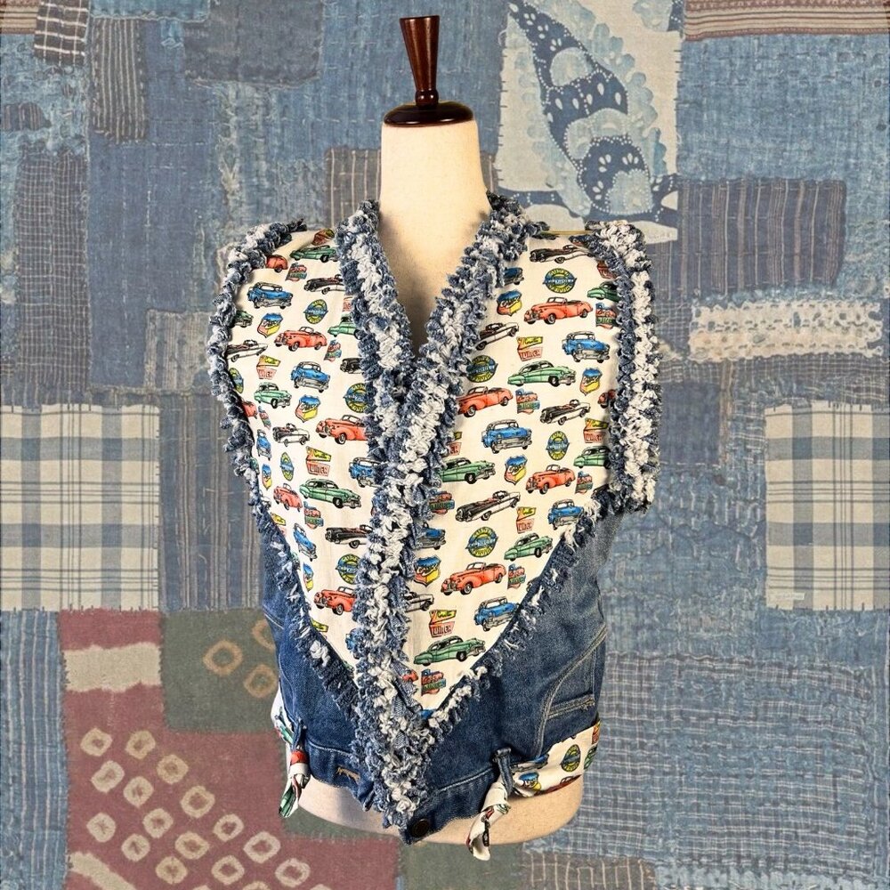 Women’s Handmade Denim Vest Frayed Fringe Trim Vintage Car Print Sz S-M
